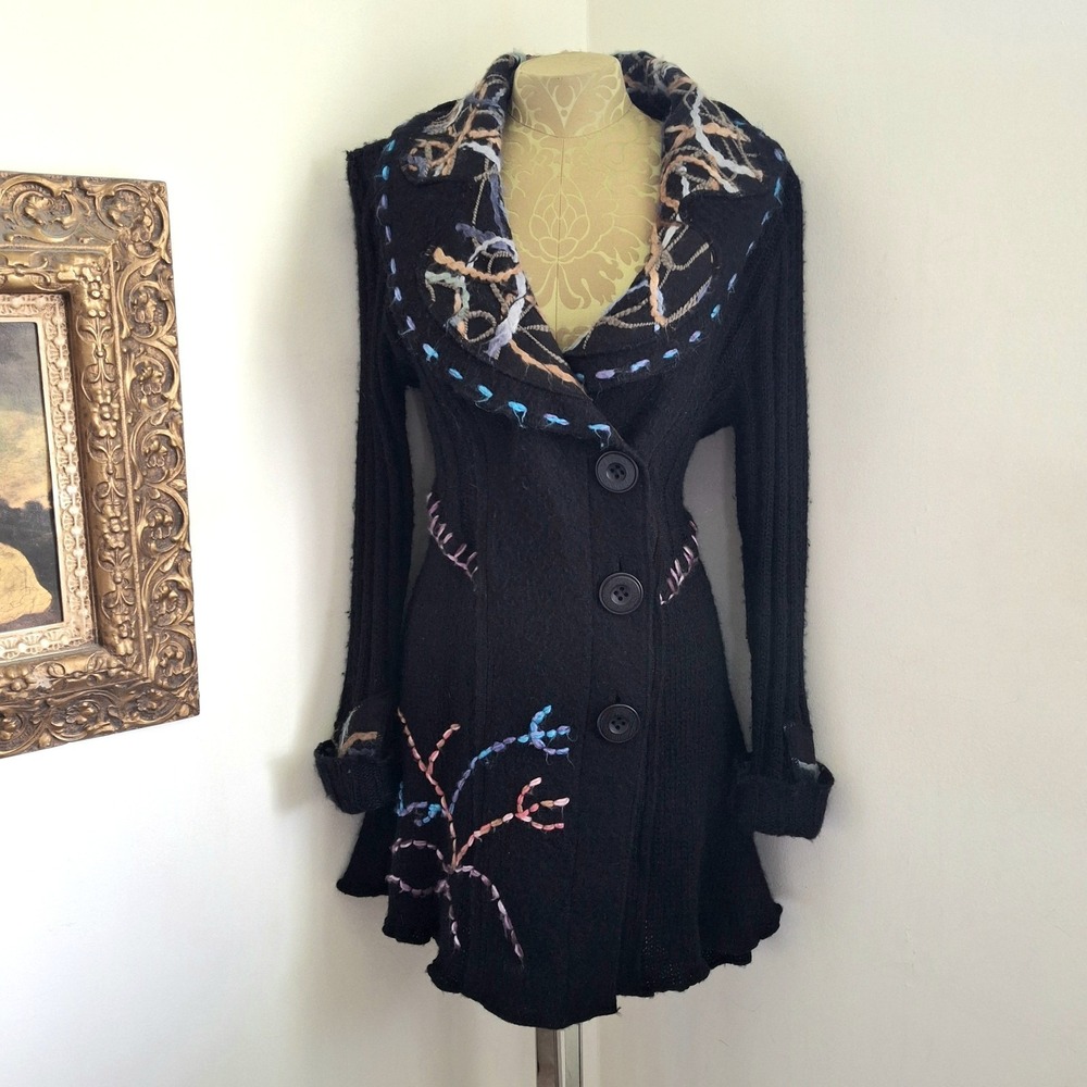 Y2K Vintage Sioni Black Knit Cardigan Sweater featuring Patchwork WhimsyGoth